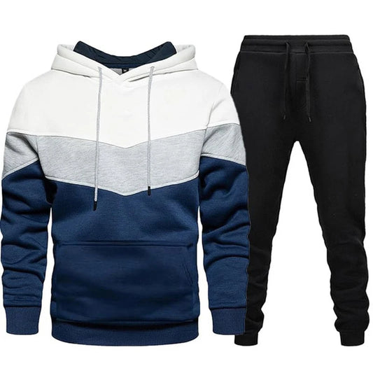 Tuta sportiva da uomo autunno/inverno, completo due pezzi: pantaloni neri e maglia tricolore a righe con cappuccio.