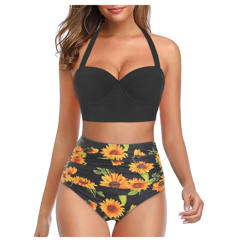 Costume bichini, set 2 pezzi a fascia larga, da donna. Push-up con stampa floreale: eleganza, dinamismo, comfort.