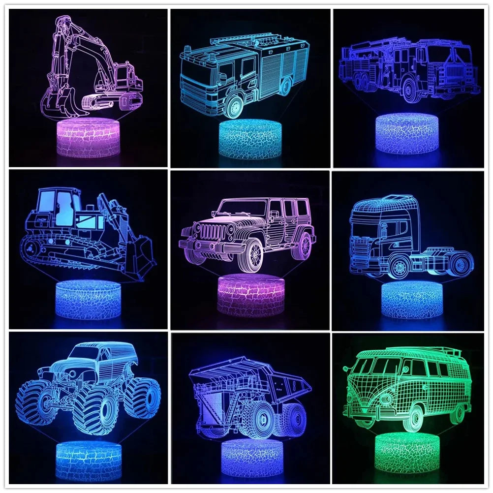 Luce notturna a mezzi di trasporto fantasia 3D. 16 colori