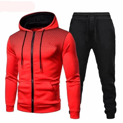 Tuta sportiva, completo due pezzi 4 stagioni: pantaloni neri e maglia 5 colori con cappuccio.