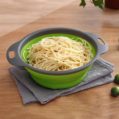 Scolapasta in silicone pieghevole, cestino per lavaggio frutta, verdura e contenitore.