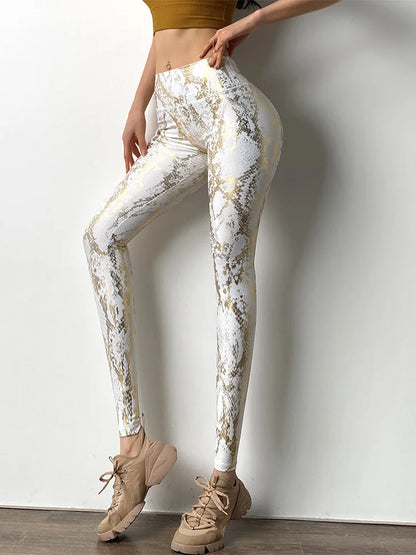 Pantaloni leggins elasticizzati, casual a vita alta da donna, stampa fantasia.