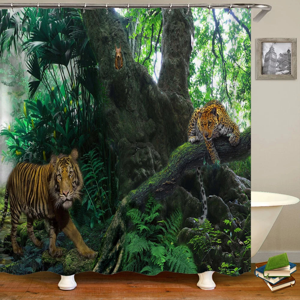 Tende da doccia in tessuto stampato con animali 3D. Tenda da bagno impermeabile con decorazioni con ganci.