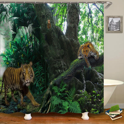 Tende da doccia in tessuto stampato con animali 3D. Tenda da bagno impermeabile con decorazioni con ganci.