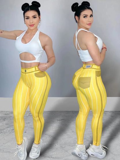 Pantaloni leggins sportivi/casual a vita alta da donna, stampa a righe. Ideale per fitness, yoga, palestra, corsa, 5 taglie 5 colori.