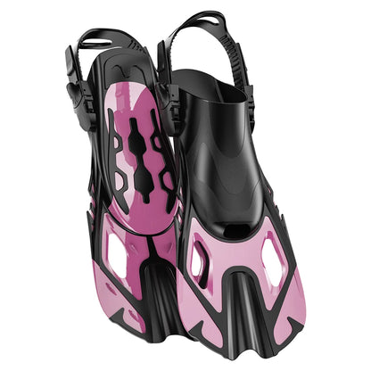 Pinne da nuoto in silicone antiscivolo. Pala corta, fibbie regolabili, flessibili e comode.