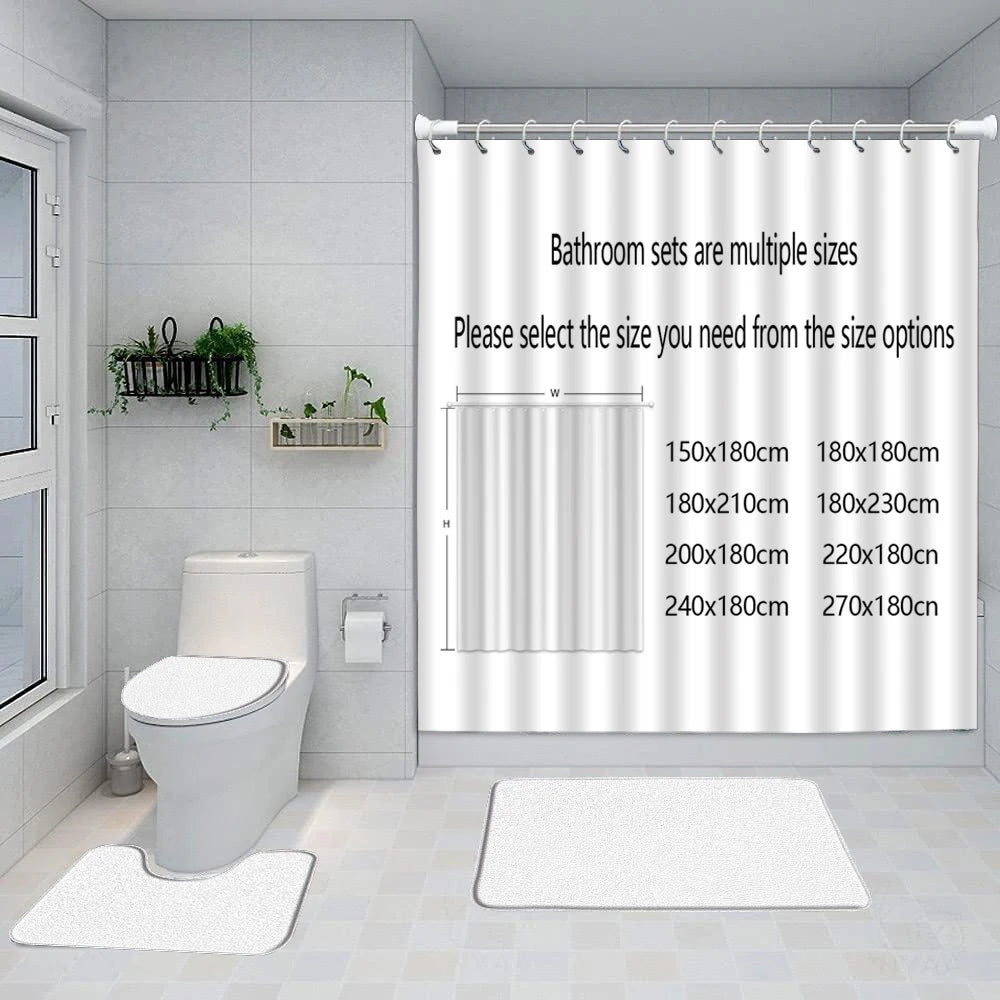Tenda da doccia in stile 3D più fantasie a scelta, con tappeto da bagno, tappeto a “U” e copri coperchio wc.