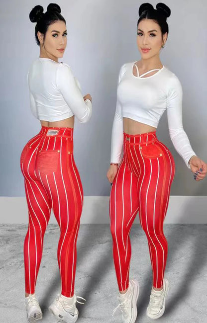 Pantaloni leggins sportivi/casual a vita alta da donna, stampa a righe. Ideale per fitness, yoga, palestra, corsa, 5 taglie 5 colori.
