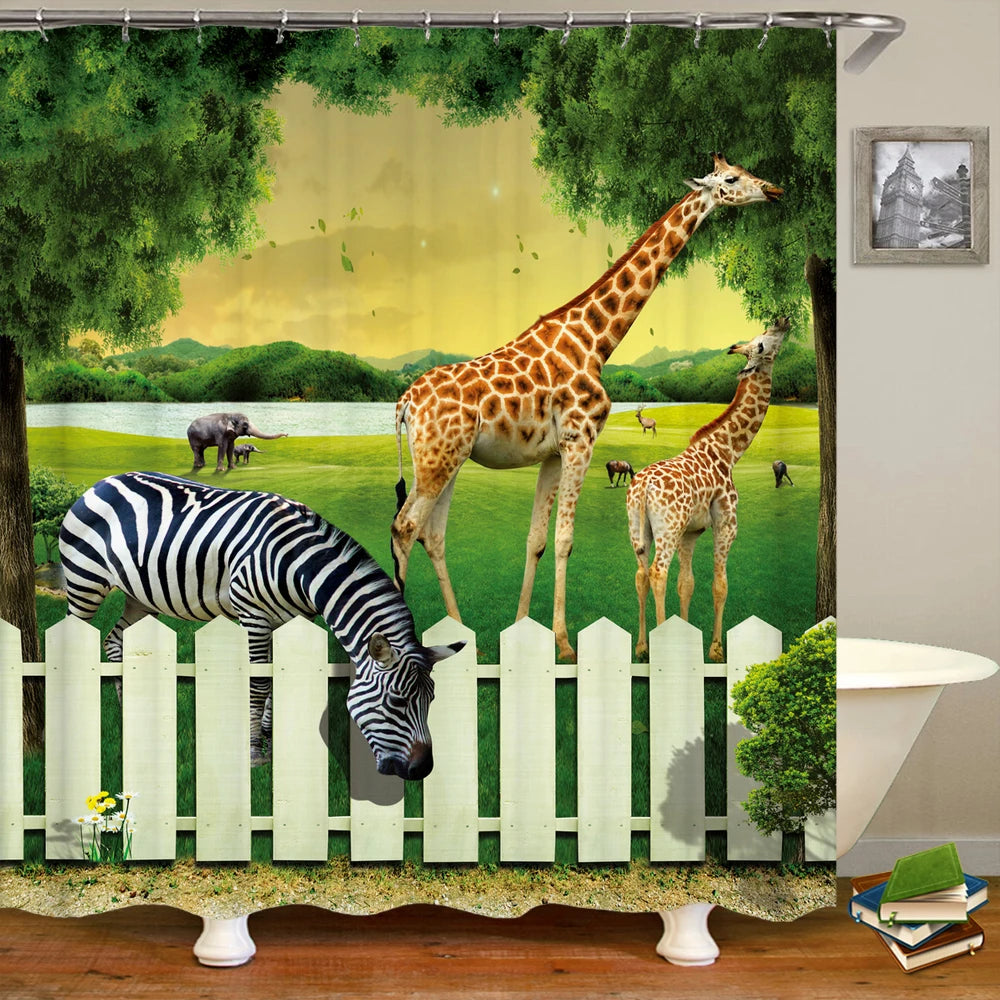 Tende da doccia in tessuto stampato con animali 3D. Tenda da bagno impermeabile con decorazioni con ganci.