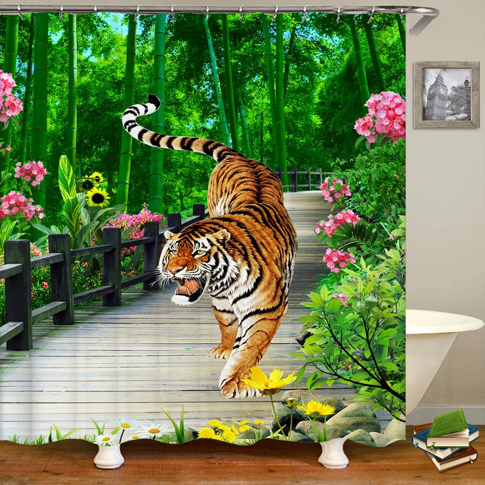 Tende da doccia in tessuto stampato con animali 3D. Tenda da bagno impermeabile con decorazioni con ganci.