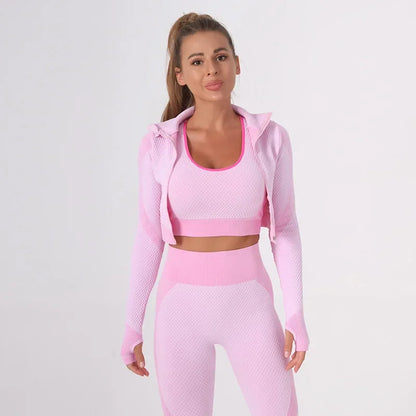 Tuta vita alta con top e felpa. Set tre pezzi sportivo/casual da donna, 10 colori, dalla S alla XL.