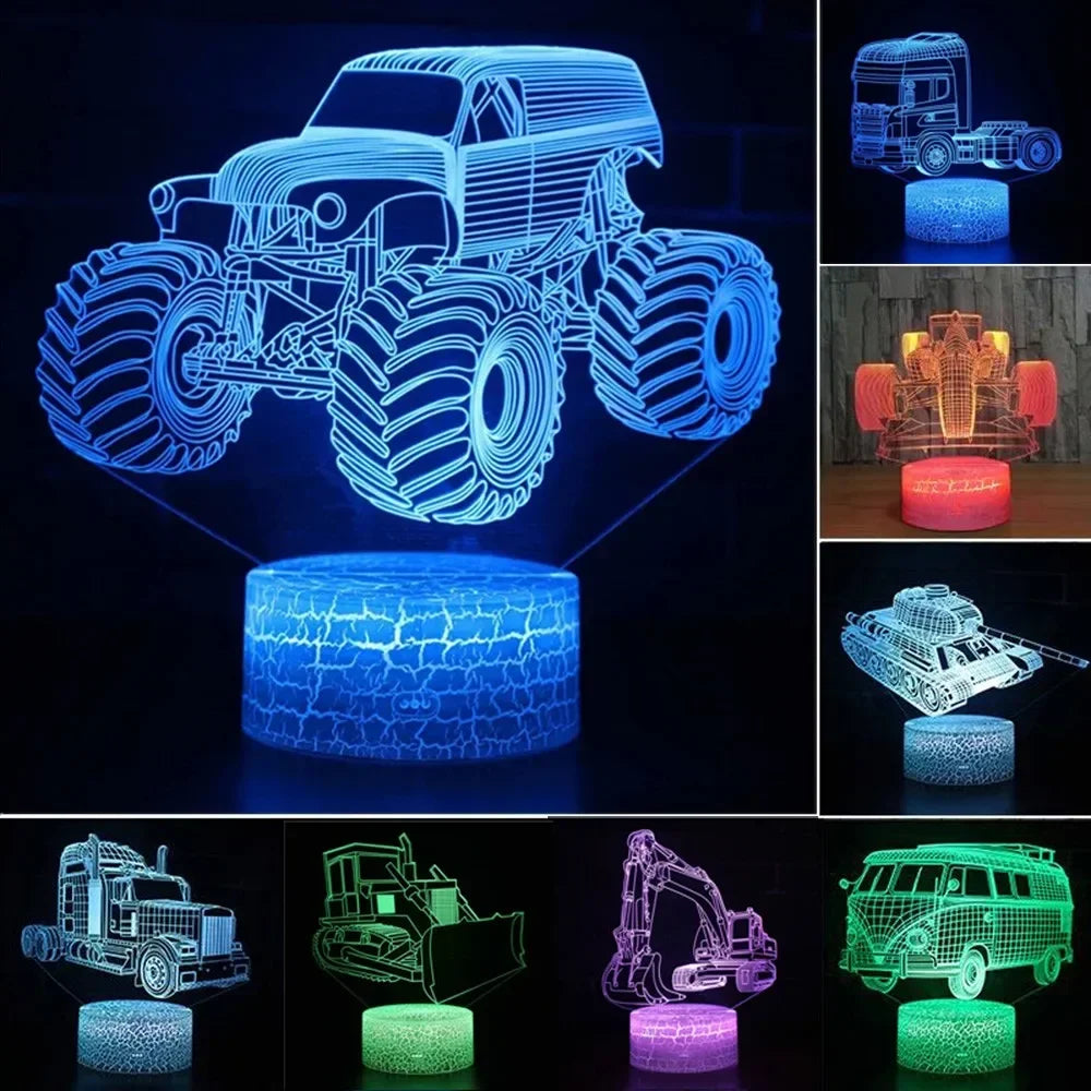 Luce notturna a mezzi di trasporto fantasia 3D. 16 colori