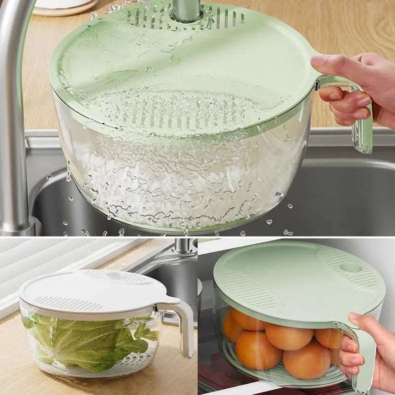 Cestello per lavaggio, ed organizer multifunzionale con coperchio, per lavare cibo: verdure, frutta. Scola pasta e scola riso.