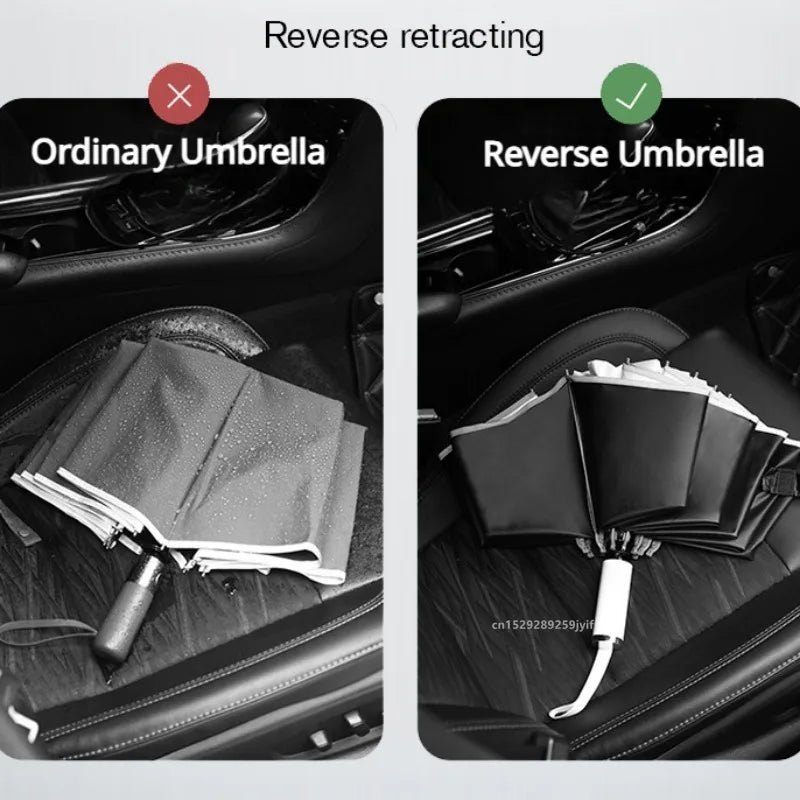 Ombrello pieghevole inverso, completamente automatico con striscia riflettente.