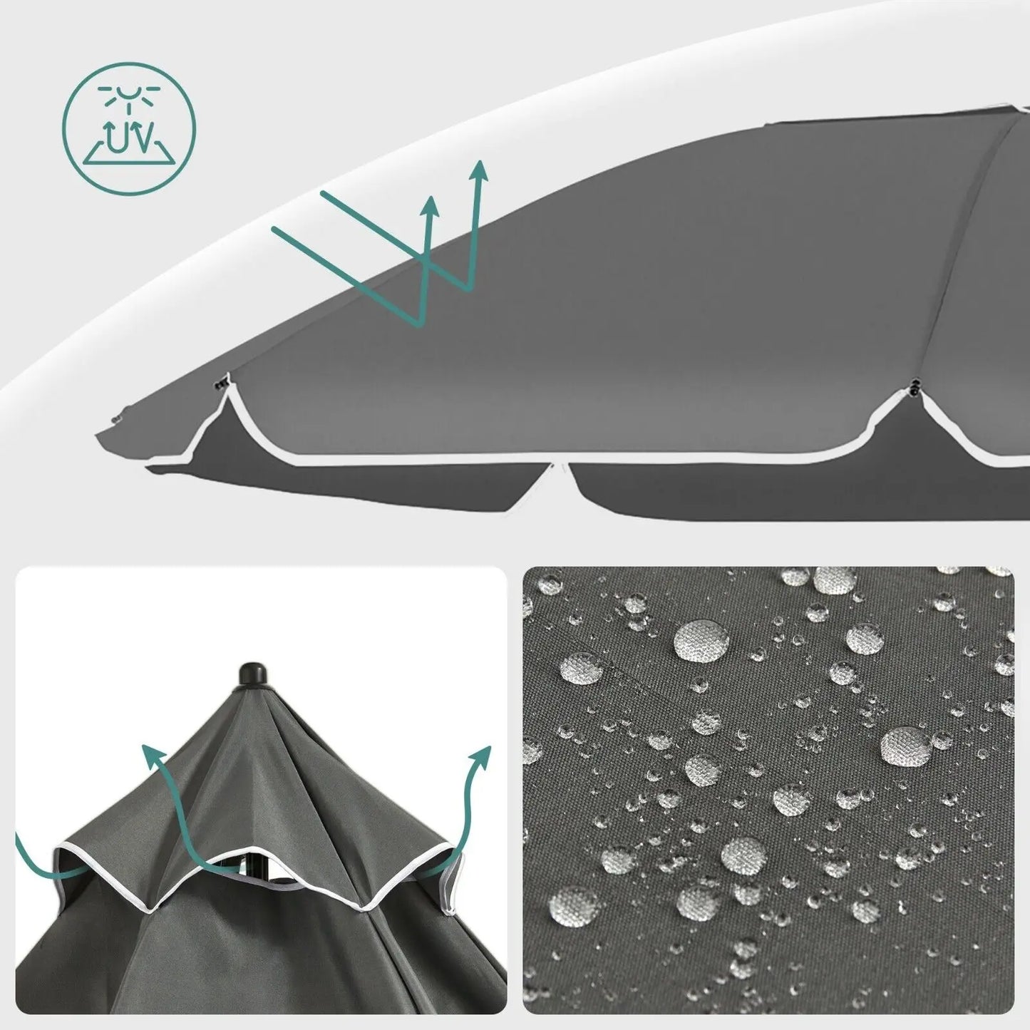 Ombrellone rotondo, resistente ai raggi UV, impermeabile, altezza regolabile, angolazione fino 45°.