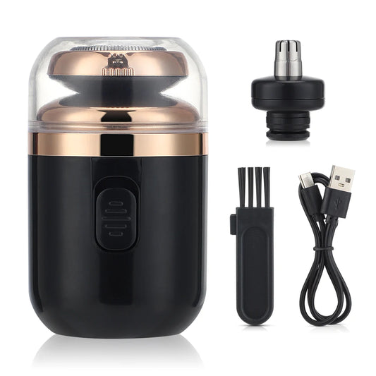 Mini-Rasoio Elettrico Rotante – Ricaricabile via USB | Lama Autoaffilante a Doppio Anello con Tagliapeli per Naso e Accessori.