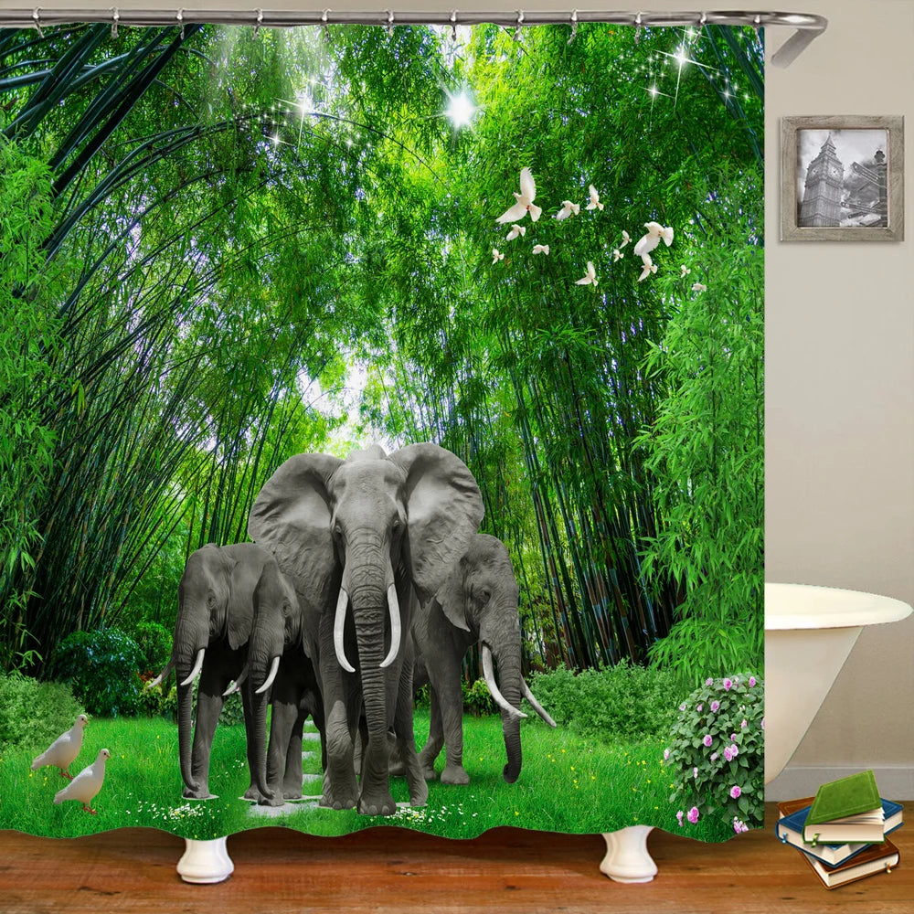 Tende da doccia in tessuto stampato con animali 3D. Tenda da bagno impermeabile con decorazioni con ganci.