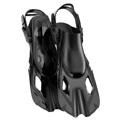 Pinne da nuoto in silicone antiscivolo. Pala corta, fibbie regolabili, flessibili e comode.