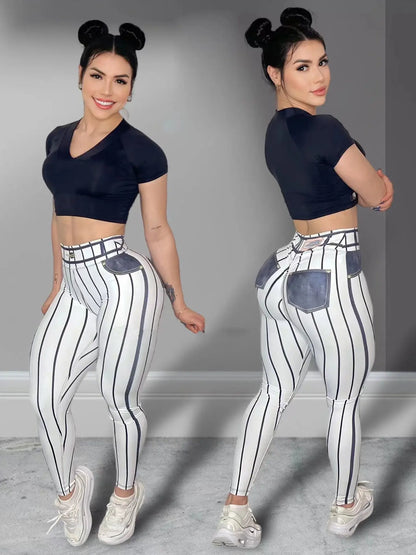 Pantaloni leggins sportivi/casual a vita alta da donna, stampa a righe. Ideale per fitness, yoga, palestra, corsa, 5 taglie 5 colori.