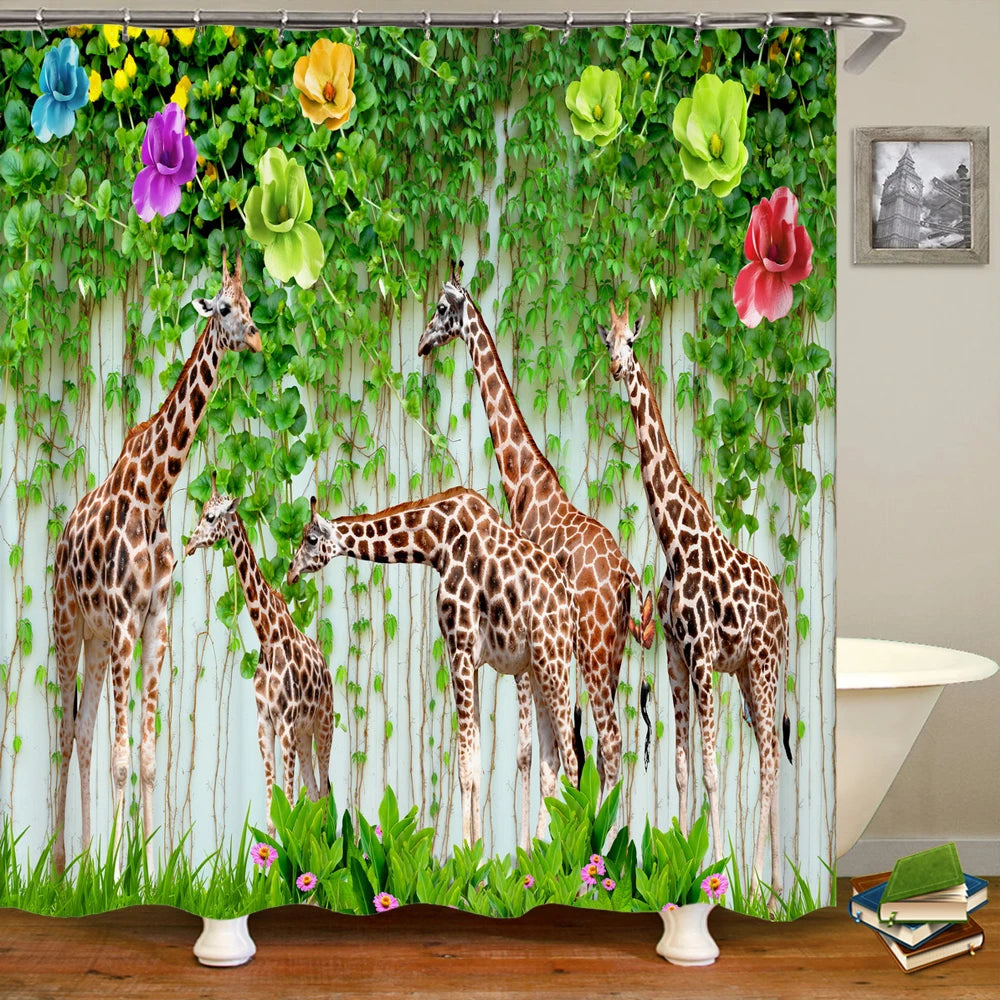 Tende da doccia in tessuto stampato con animali 3D. Tenda da bagno impermeabile con decorazioni con ganci.