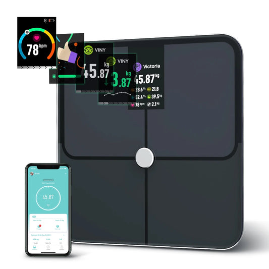 Bilancia intelligente per il corpo. Bilancia digitale intelligente con schermo a colori TFT, frequenza cardiaca, bilancia per peso corporeo intelligente precisa e professionale.  Collegamento wireless con smartphone attraverso l’app dedicata.