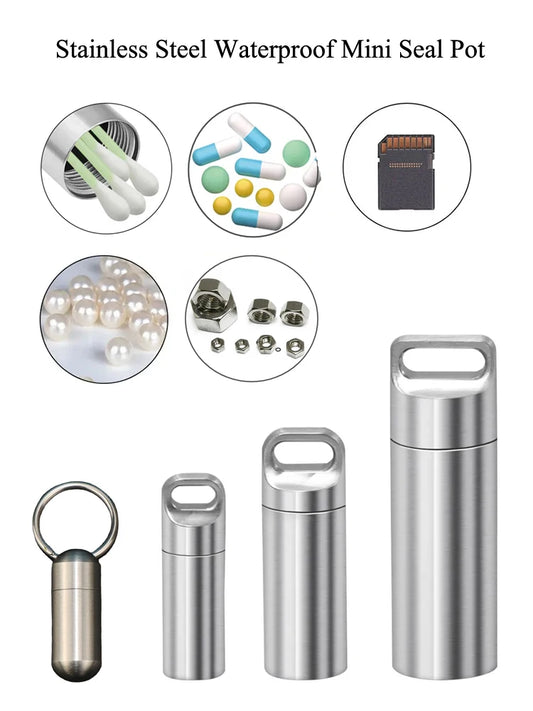 Contenitore per pillole "mini" in acciaio inox 304: pratico, impermeabile e con portachiavi per avere sempre le tue medicine a portata di mano.
