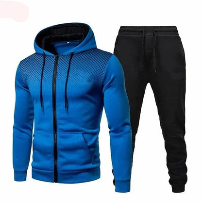 Tuta sportiva, completo due pezzi 4 stagioni: pantaloni neri e maglia 5 colori con cappuccio.