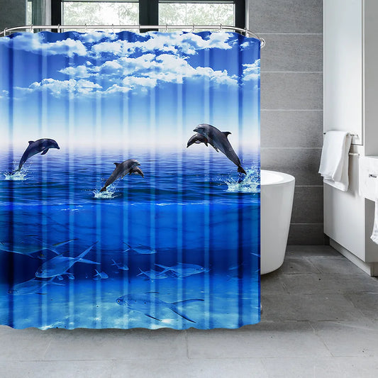 Tenda da doccia/vasca con delfini, blu, mondo sottomarino, vita marina, tessuto in poliestere, 2 misure.