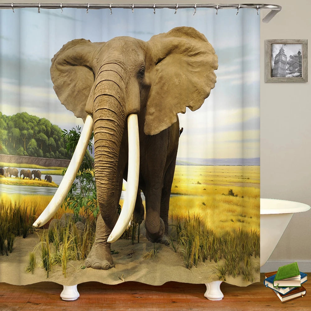 Tende da doccia in tessuto stampato con animali 3D. Tenda da bagno impermeabile con decorazioni con ganci.