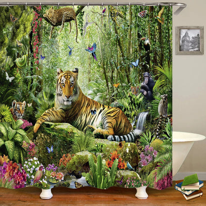 Tende da doccia in tessuto stampato con animali 3D. Tenda da bagno impermeabile con decorazioni con ganci.