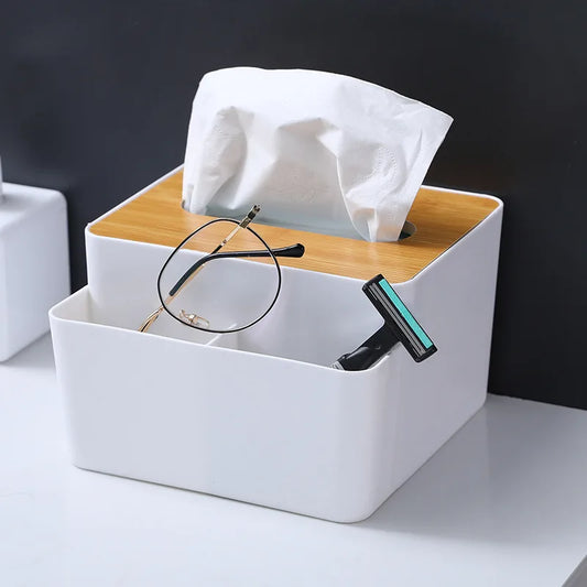 Scatola porta fazzoletti di plastica con coperchio in legno varie misure e forme.