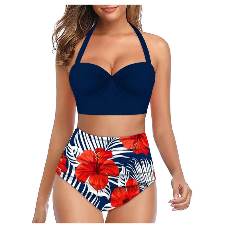 Costume bichini, set 2 pezzi a fascia larga, da donna. Push-up con stampa floreale: eleganza, dinamismo, comfort.