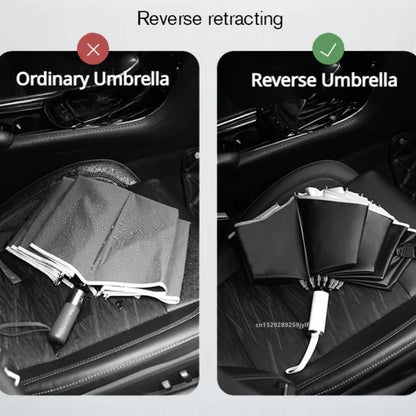 Ombrello pieghevole inverso, completamente automatico con striscia riflettente.