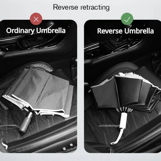 Ombrello pieghevole inverso, completamente automatico con striscia riflettente.