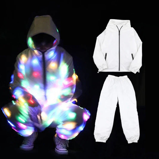 Abito Luminoso con LED 7 colori Incorporati: Felpa e Pantaloni bianchi, per Adulti, Ragazzi e Bambini.