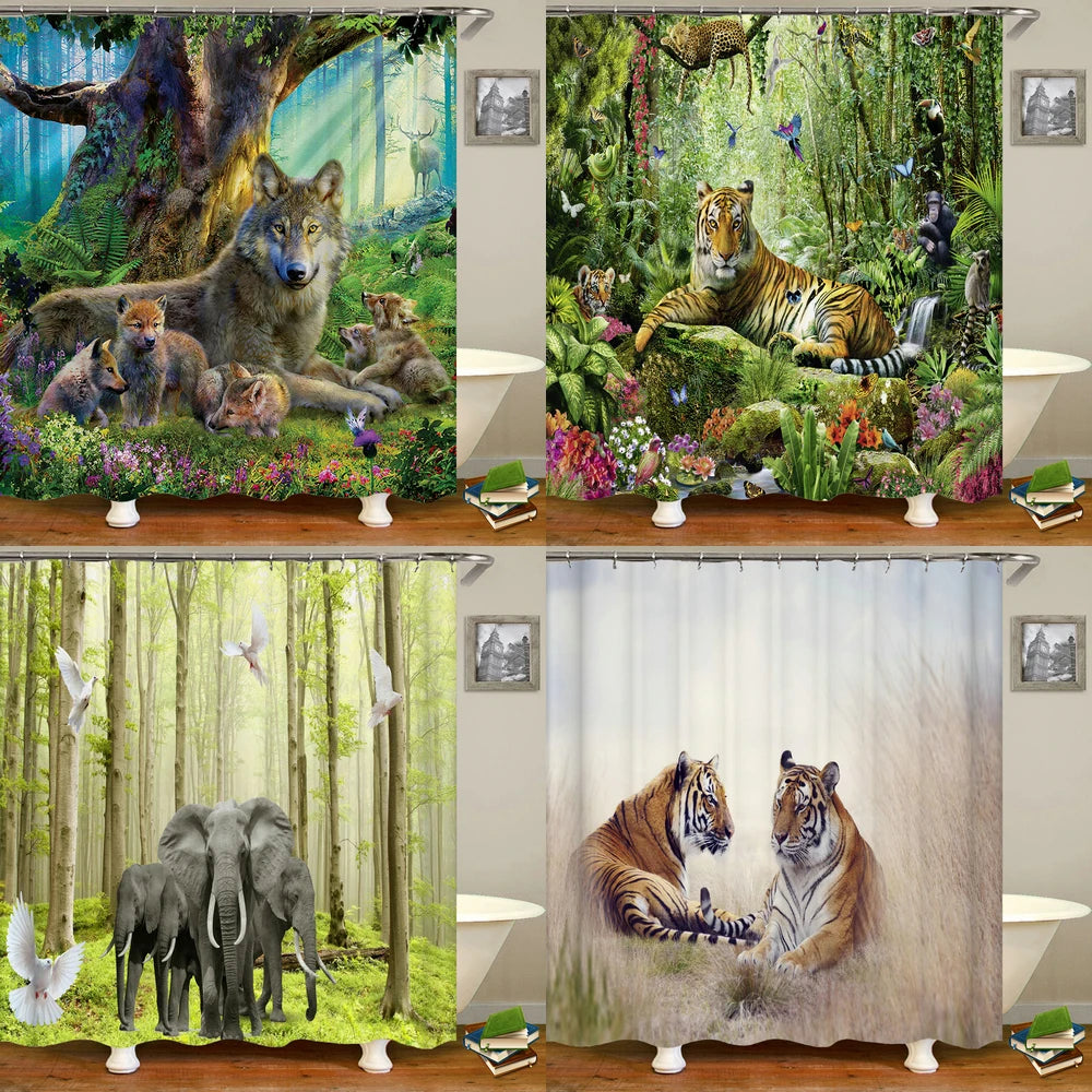 Tende da doccia in tessuto stampato con animali 3D. Tenda da bagno impermeabile con decorazioni con ganci.