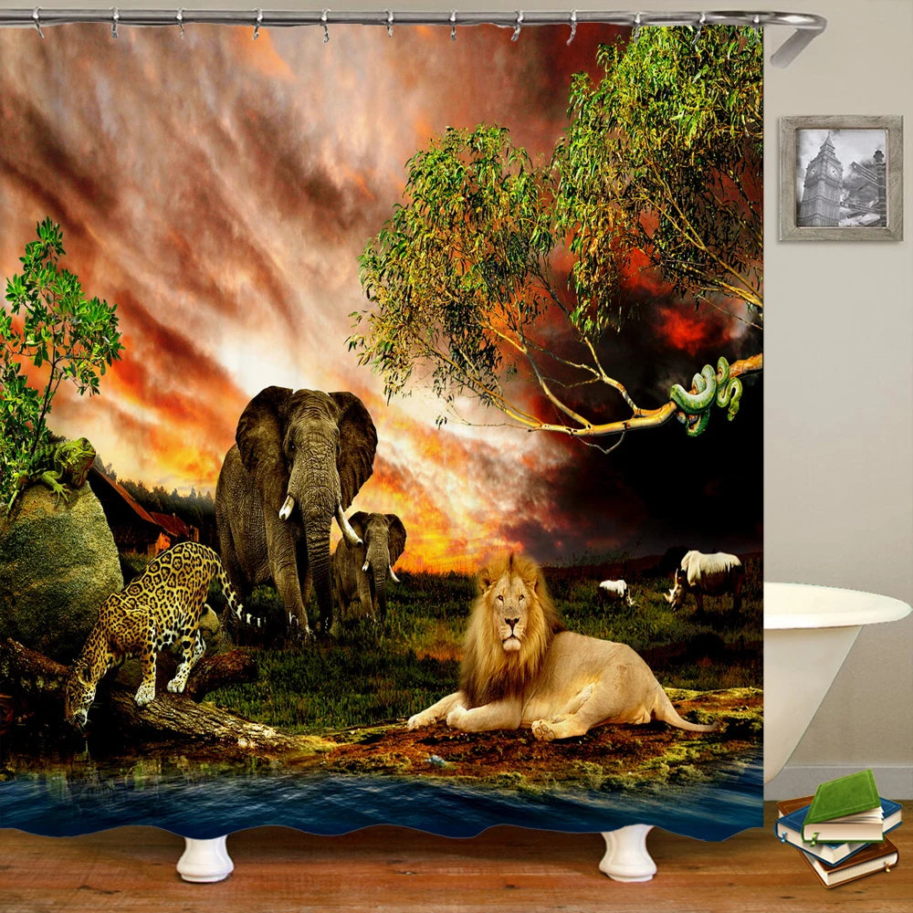 Tende da doccia in tessuto stampato con animali 3D. Tenda da bagno impermeabile con decorazioni con ganci.