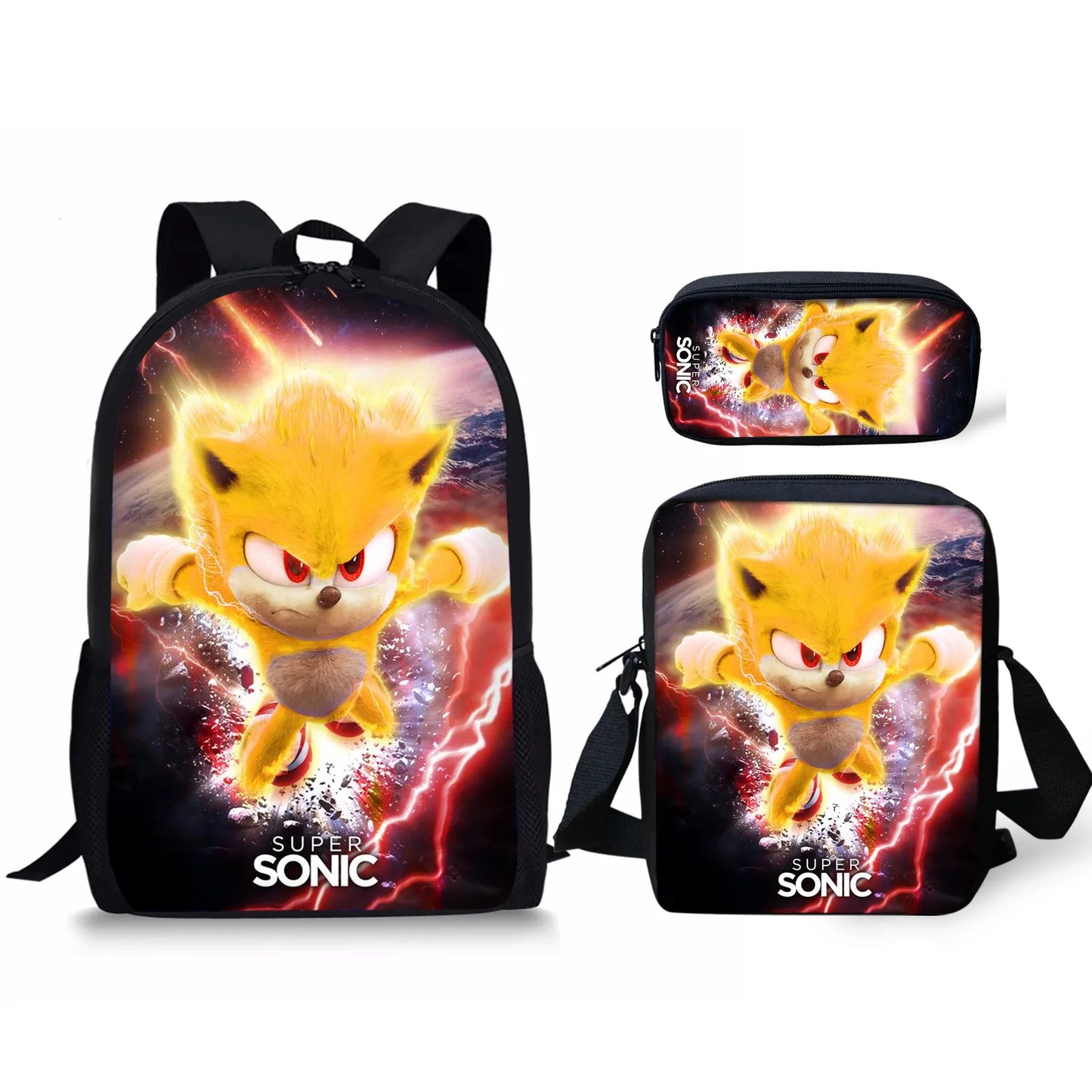 Zaino-borsa-astuccio immagini 3D  cartone animato “Sonic”, in nylon poliestere.  Spazioso e alla Moda, Perfetto per Scuola, Viaggi e Tempo Libero.