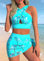 Costume da bagno da donna. Set 2 pezzi stampa a goccia con nodo e spalline incrociate. Comodo, alla moda, colorato.