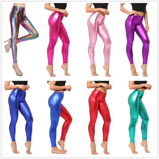 Pantaloni leggins elasticizzati, casual a vita alta da donna. Colore lucido disponibile in più tonalità e design.