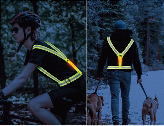 Bretella sportiva di sicurezza a LED. Ricaricabile, riflettente a 360°, con cinghie regolabili, impermeabile.