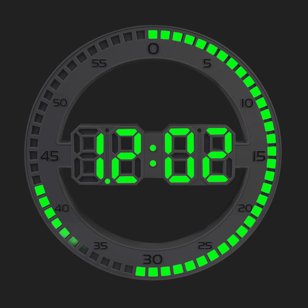 Orologio luminoso circolare digitale 3D da parete. Con calendario, termometro.