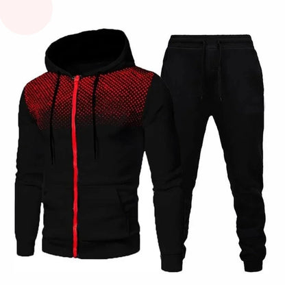 Tuta sportiva, completo due pezzi 4 stagioni: pantaloni neri e maglia 5 colori con cappuccio.