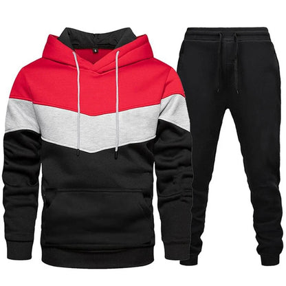 Tuta sportiva da uomo autunno/inverno, completo due pezzi: pantaloni neri e maglia tricolore a righe con cappuccio.