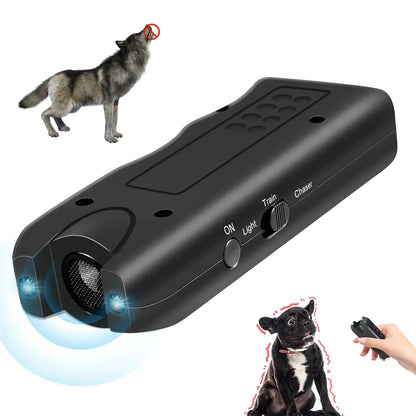Repellente antiabbaio portatile a ultrasuoni per cani. Dispositivo di addestramento per cani 3 in 1. Respinge gli animali randagi.