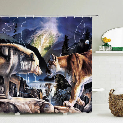Tende da doccia in tessuto stampato con animali 3D. Tenda da bagno impermeabile con decorazioni con ganci.
