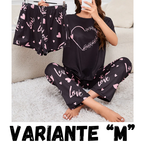 Women's Short Sleeve Crew Neck Top With Shorts And Pants 3 Piece Loungewear Sleepwear Lounge Sets Nighty Print Casual Pajama Set
