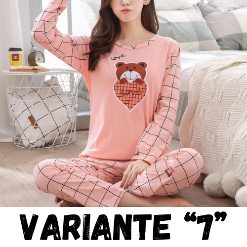 Autumn Thin 2pieces Pyjamas Set Women 2024 Cotton Round Neck Girls Bear Pajamas Sets Teacup Cat Full Sleepwear Tops Pajama Mujer