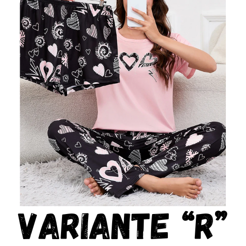 Women's Short Sleeve Crew Neck Top With Shorts And Pants 3 Piece Loungewear Sleepwear Lounge Sets Nighty Print Casual Pajama Set