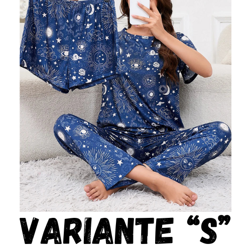 Women's Short Sleeve Crew Neck Top With Shorts And Pants 3 Piece Loungewear Sleepwear Lounge Sets Nighty Print Casual Pajama Set